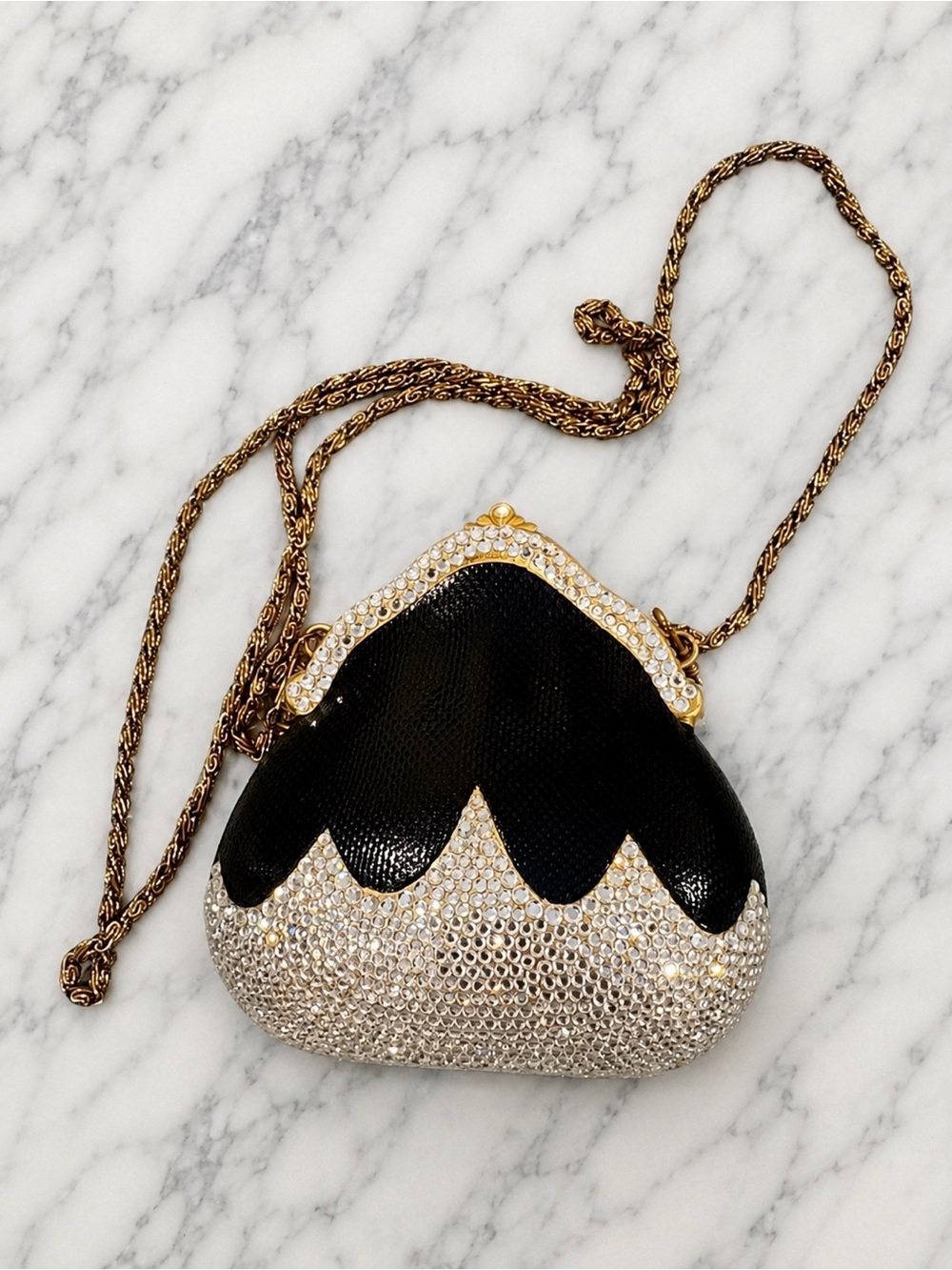 Vintage Rhinestone Hard Case Evening Bag Black Silver Cocktail Clutch Crossbody - Picture 2 of 8
